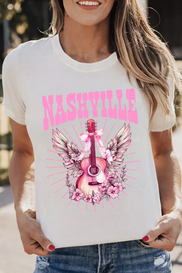 White NASHVILLE Guitar Graphic Music Festival T Shirt