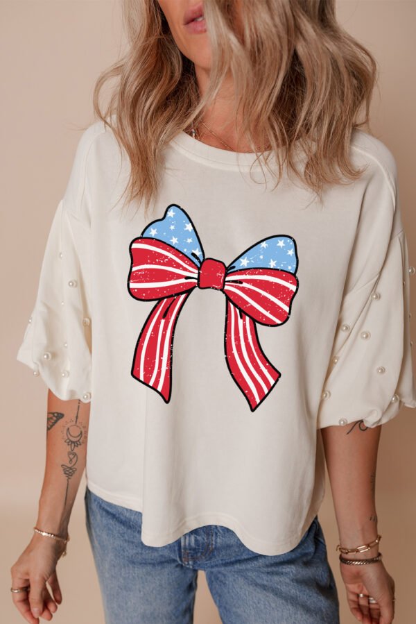 White Stars Stripes Bowknot Graphic Pearled Puff Half Sleeve T Shirt