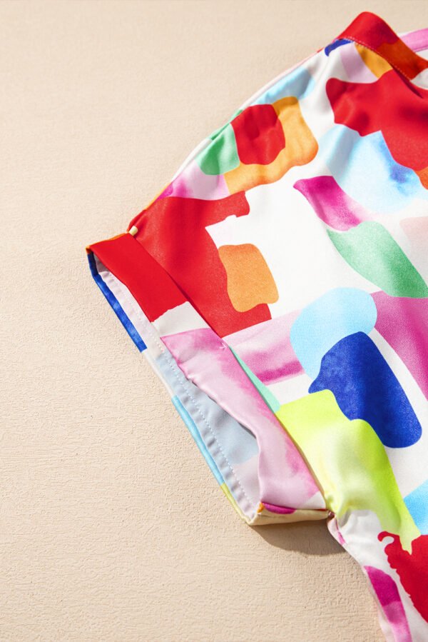 Colorful Brush Stroke Printed Plus Size Button Split Neck Blouse