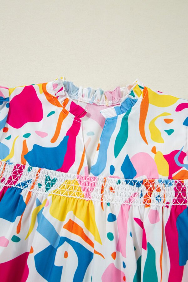 Multicolour Abstract Print Lace Detail Shirred Short Sleeve Split Neck Blouse
