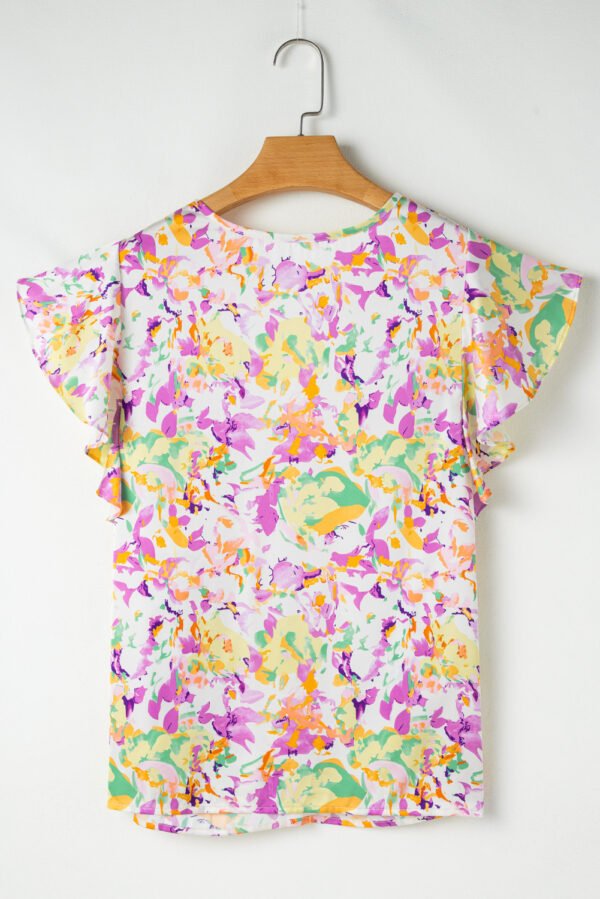 Purple Abstract Printed Ruffled Short Sleeve Notched Neck Blouse