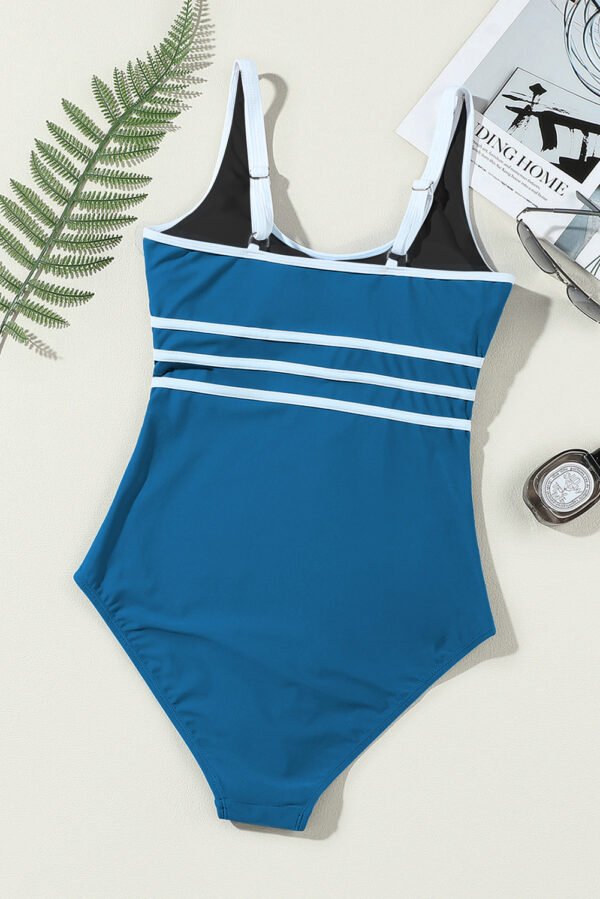 Dark Blue Contrast Trim Colorblock U Neck One Piece Swimwear
