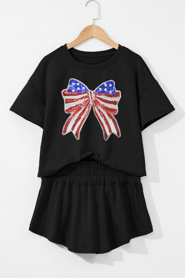 Black Sequined Flag Bow Pattern Short 2pcs Skort Set