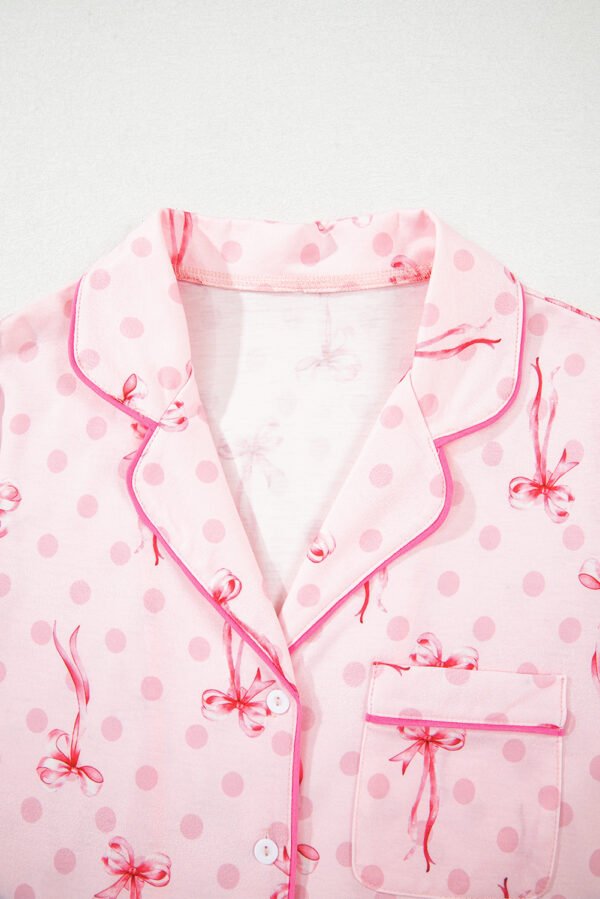 Pink Bow Print Contrast Pipping Short Pajamas Set