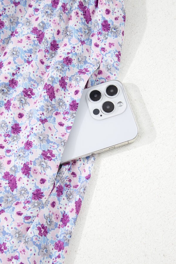 Purple Floral Short Bubble Sleeve Shirred High Waist Maxi Dress