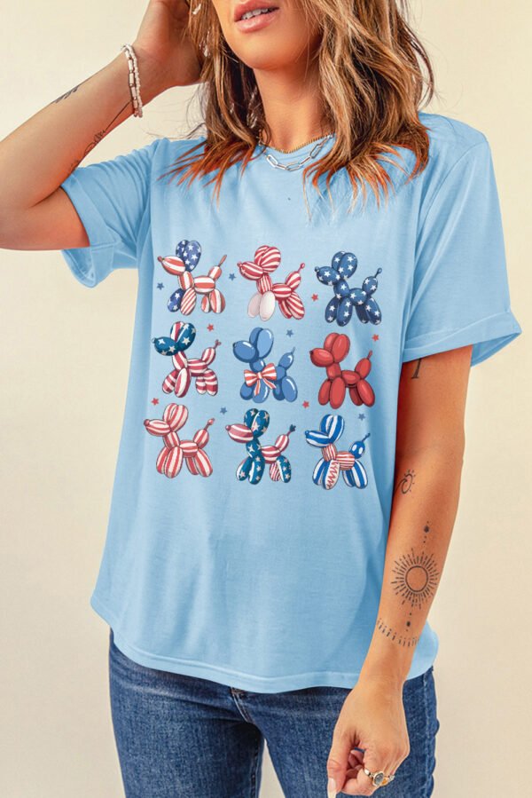 Light Blue American Flag Balloon Dogs Print Crew Neck T Shirt