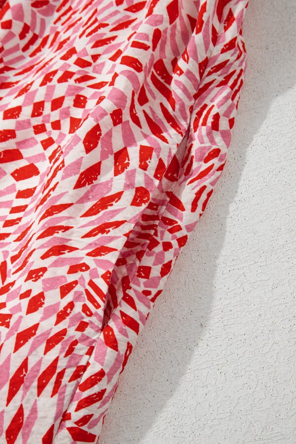 Pink Geometric Print Knot Back Sleeveless Ruffle Hem Dress