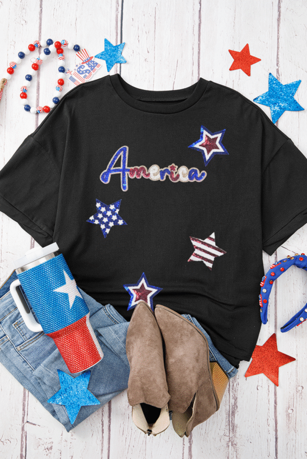 Black Sequined America Star Pattern Hi Low Hem Casual T Shirt