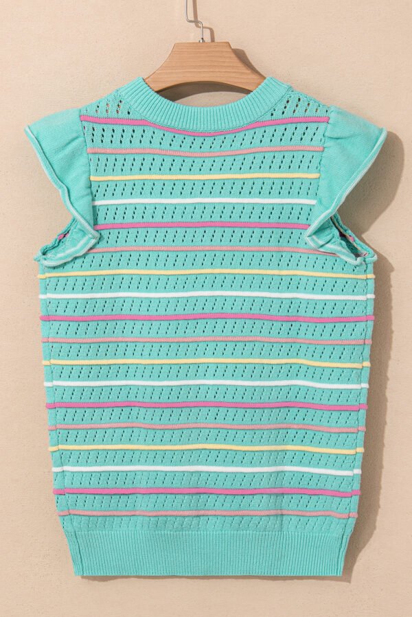 Green Colorful Striped Eyelet Knit Ruffled Sleeve Sweater T Shirt