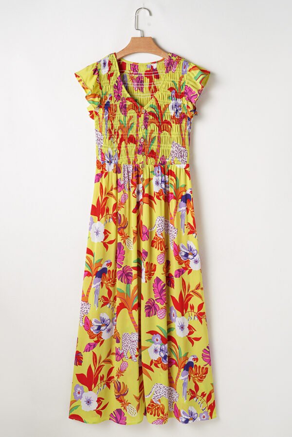 Yellow Cheetah Plant Print Shirred Button V Neck Maxi Dress