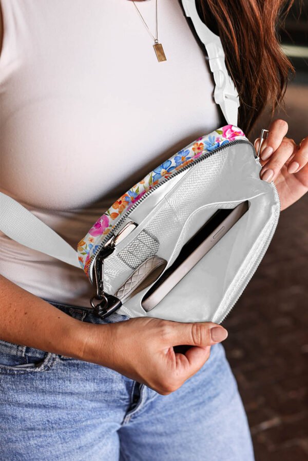 White Flower Print Buckle Wide Strap Crossbody Bag