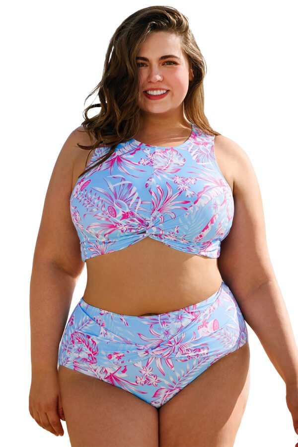 Sky Blue Plus Size Floral Print Twisted High Waist Bikini Set