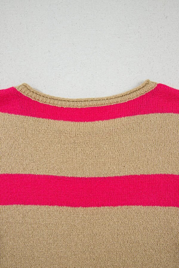 Pink Stripe Colorblock Short Sleeve Crew Neck Lightweight Sweater