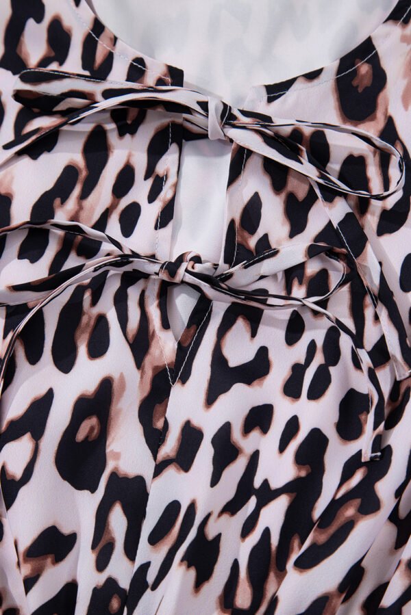 Brown Leopard Tied Front Keyhole Puff Short Sleeve Mini Dress