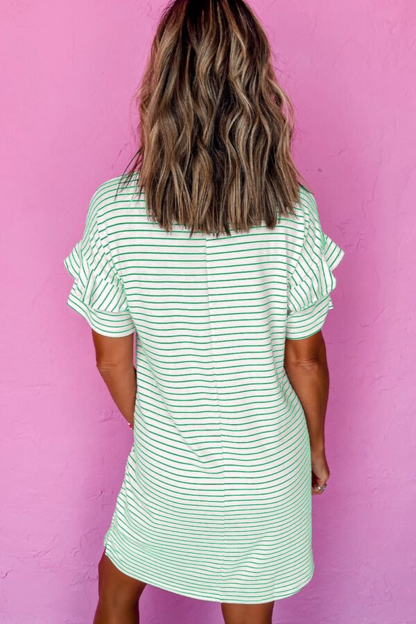 Green Stripe Ruffled Short Sleeve Crew Neck T Shirt Shift Mini Dress