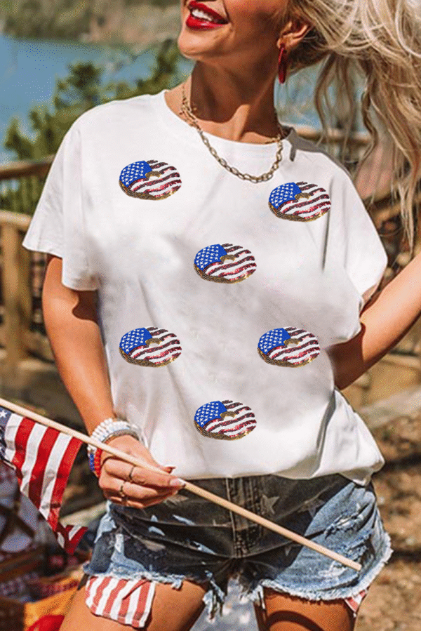 White Sequined Flag Pattern Donuts Graphic T Shirt