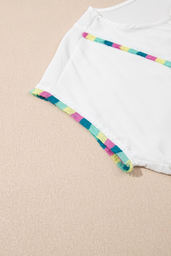 White Colorful Fringed Detail Tassel Tie Neck Short Sleeve Blouse