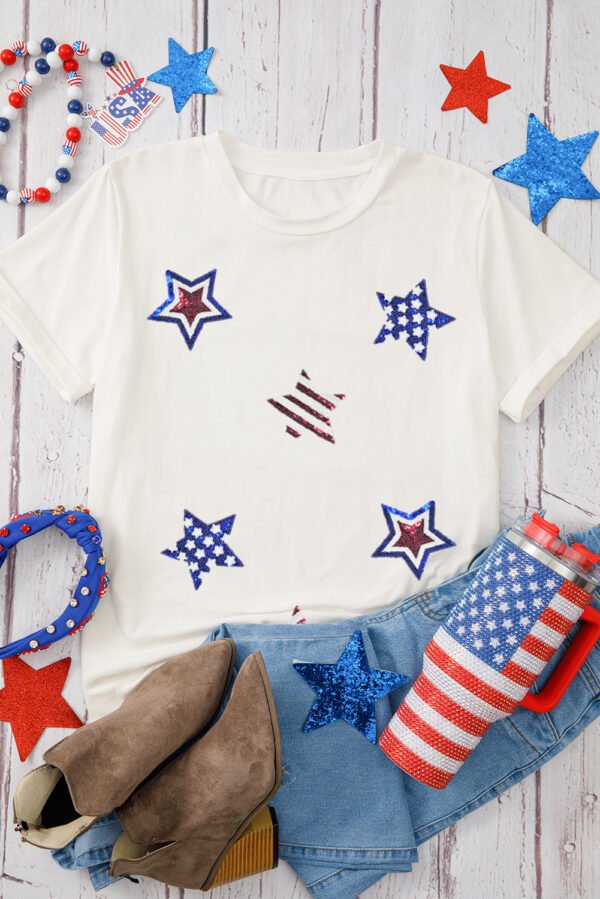 White USA Sequin Stars Patched Casual T Shirt