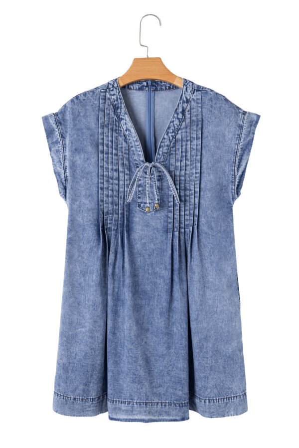 Beau Blue Tie V Neck Tucking Detail Short Sleeve Denim Shift Dress