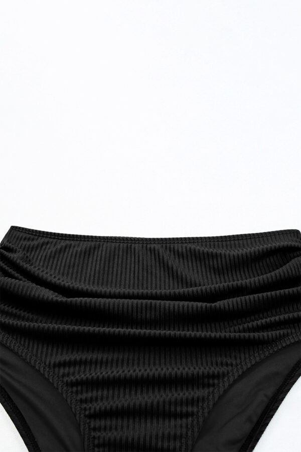Black Ribbed Dual Crisscross Straps Cut-Out Back Tankini Suit