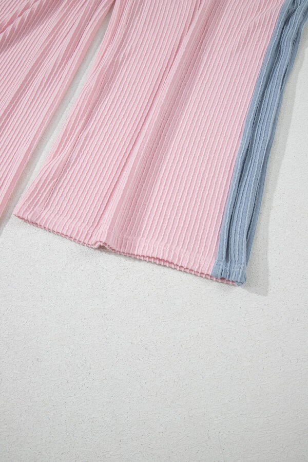 Pink Corded Colorblock Patchwork Short Sleeve Top and Loose Pants Set