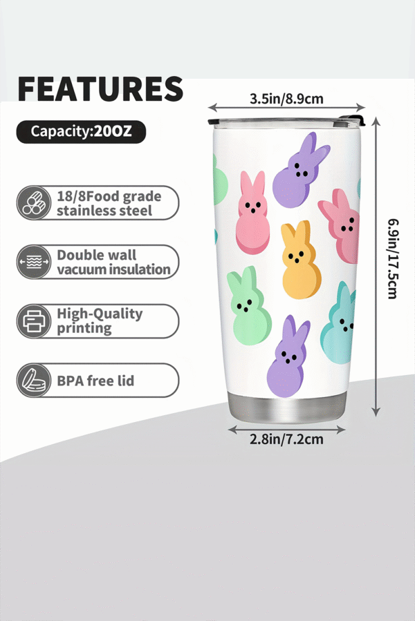 White Cute Bunny Printed Stainless Steel Thermal Vacuum Cup 20oz