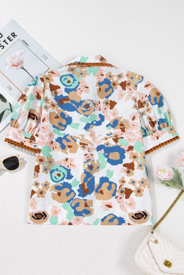 Multicolour Floral Print Ricrac Trim Collared Puff Short Sleeve Shirt