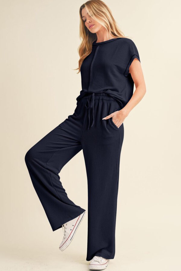 Navy Blue Solid Color Corded Short Sleeve Top and Casual Pants Set