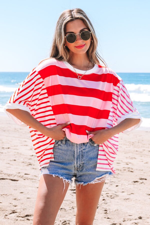 Pink Stripe Patchwork Round Neck Side Split Loose T Shirt