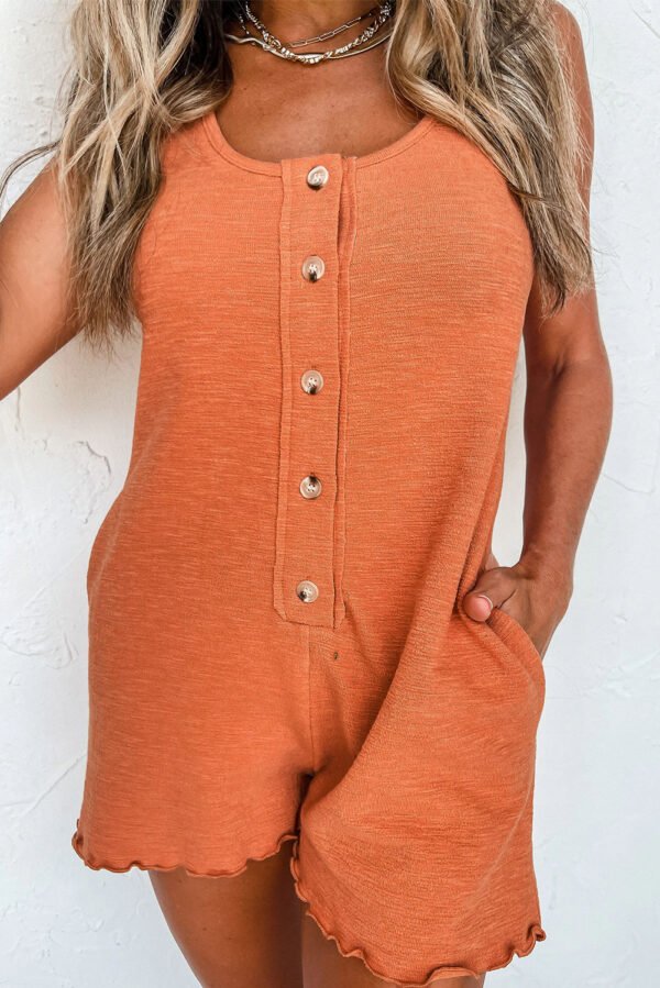 Grapefruit Orange U Neck Button Front Sleeveless Romper