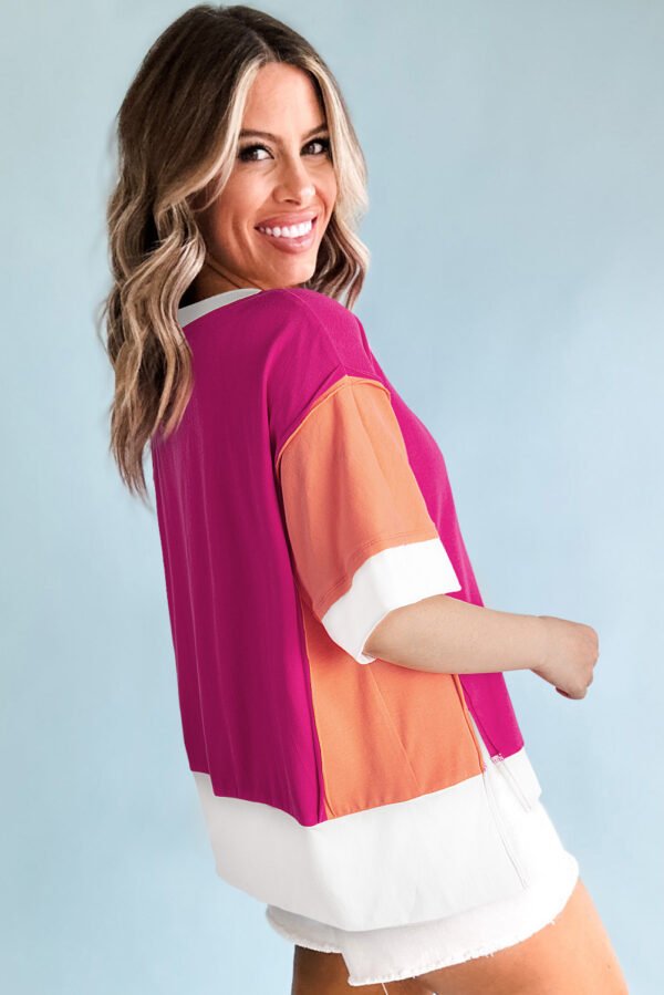 Rose Red Color Block Patchwork Side Slits Loose Fit T Shirt