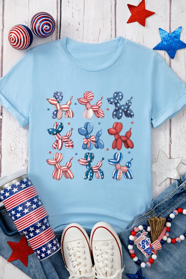 Light Blue American Flag Balloon Dogs Print Crew Neck T Shirt
