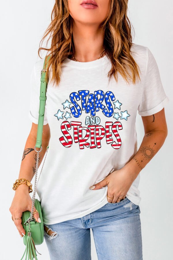 White Stars and Stripes Round Neck Graphic T Shirt