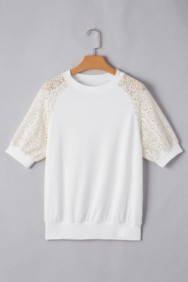 White Lace Crochet Short Sleeve Round Neck T Shirt