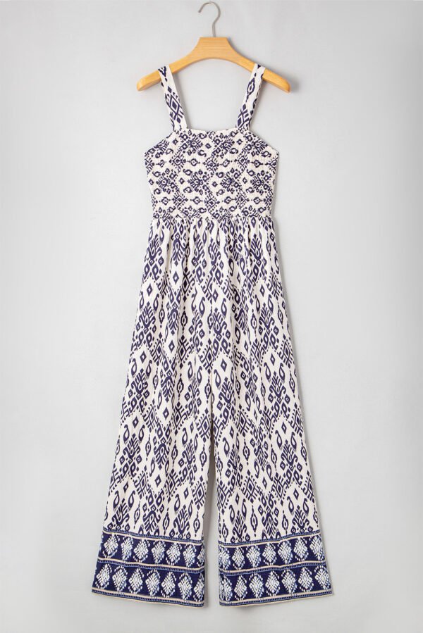 Blue Boho Geometric Print Shirred High Waist Wide Leg Jumpsuit