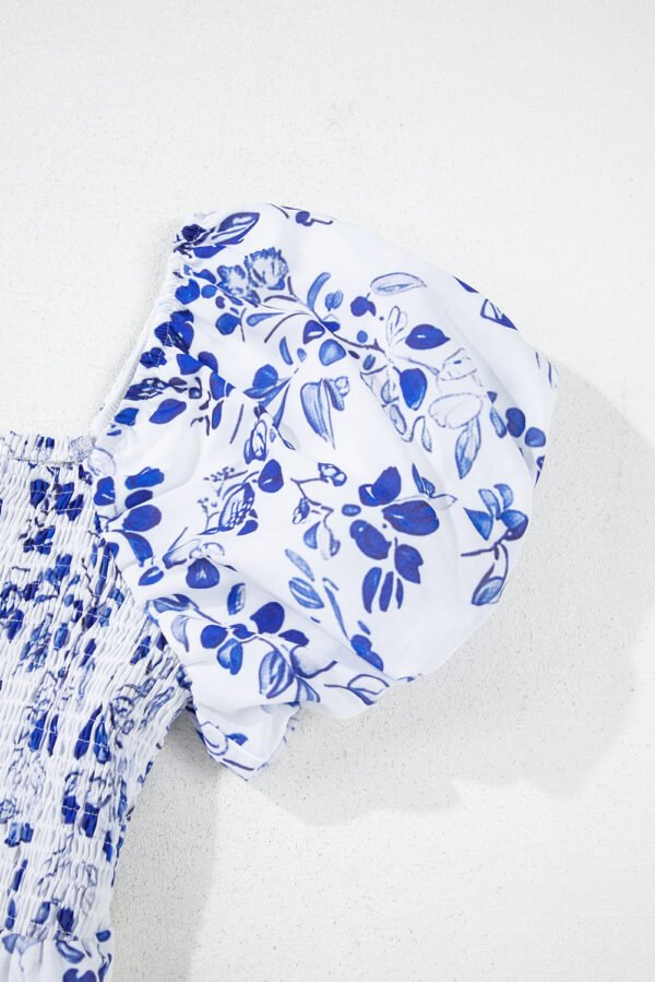 Sky Blue Floral Print Square Neck Bubble Sleeve High Waist Maxi Dress