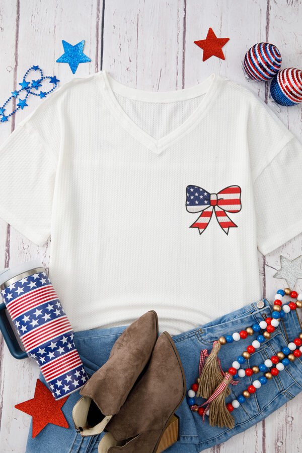 White Embroidered Stars Stripes Bowknot Logo Textured Knit T Shirt