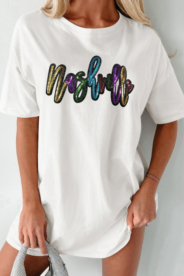 White Colorful Sequin nashville Letter Graphic Tunic Tee