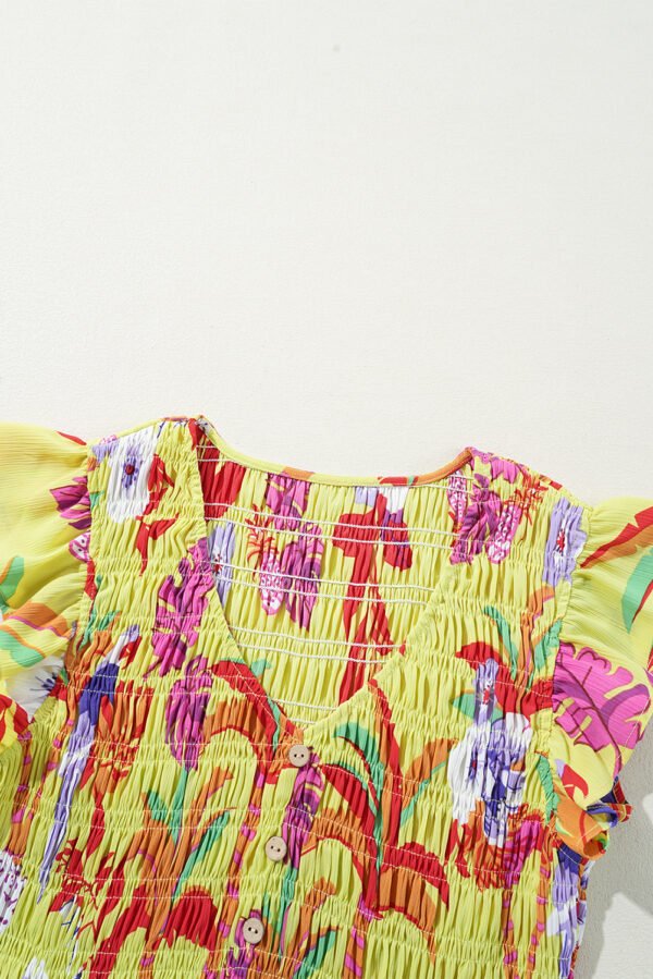 Yellow Cheetah Plant Print Shirred Button V Neck Maxi Dress