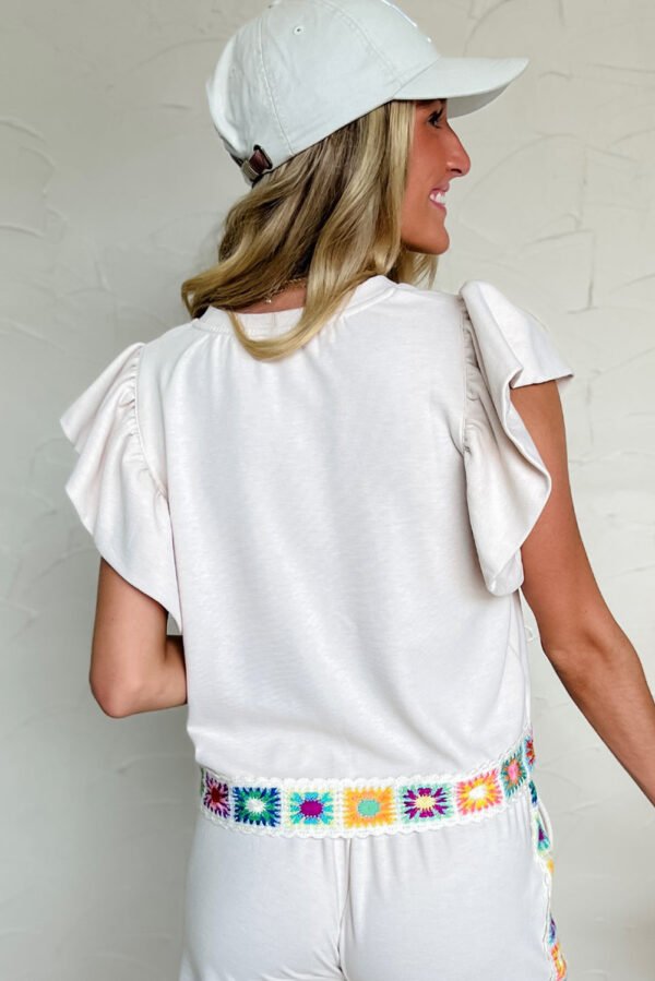 White Floral Crochet Patched Ruffled Sleeve Crewneck Blouse