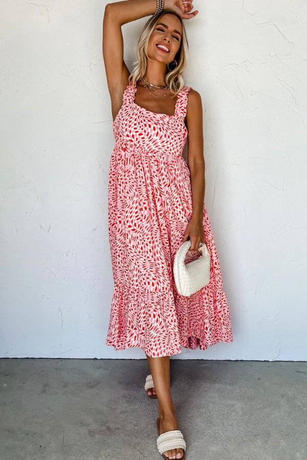 Pink Geometric Print Knot Back Sleeveless Ruffle Hem Dress