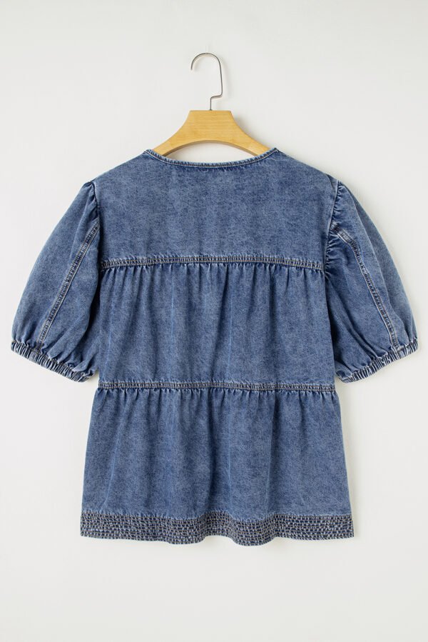 Sail Blue Plus Drawstring V Neck Puff Sleeve Denim Blouse