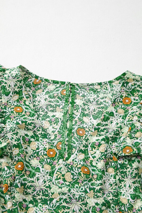 Green Flower Print Flutter Sleeve V Neck Sashed Ruffled Mini Dress