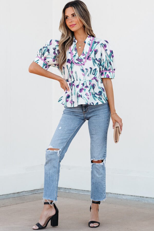 Purple Floral Ricrac Trim Half Sleeve Peplum Top