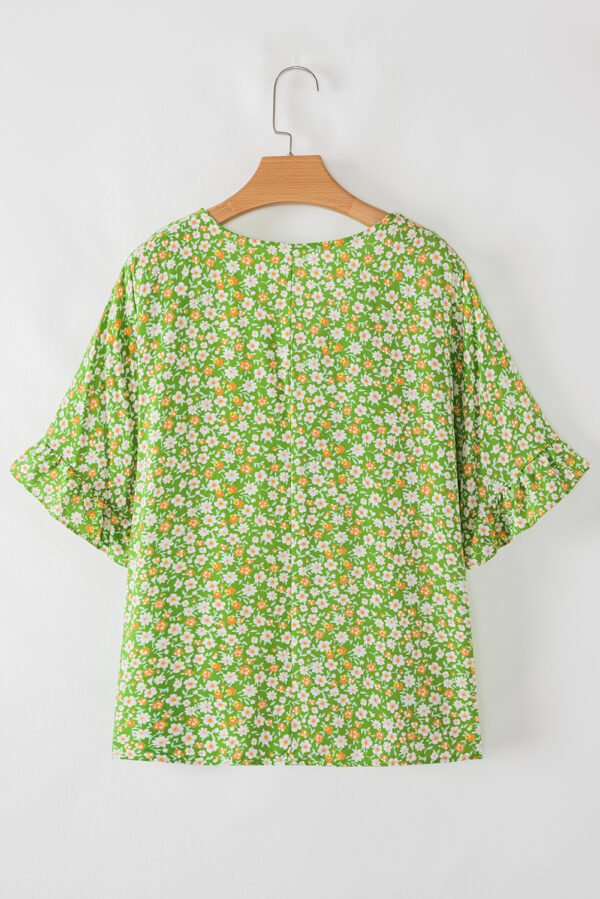 Green Floral Print Ruffle Sleeve V Neck Blouse Top