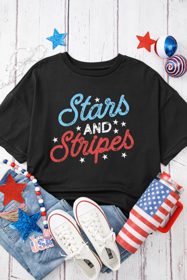 Black July 4th Stars AND Stripes Vintage Letter Graphic Tee