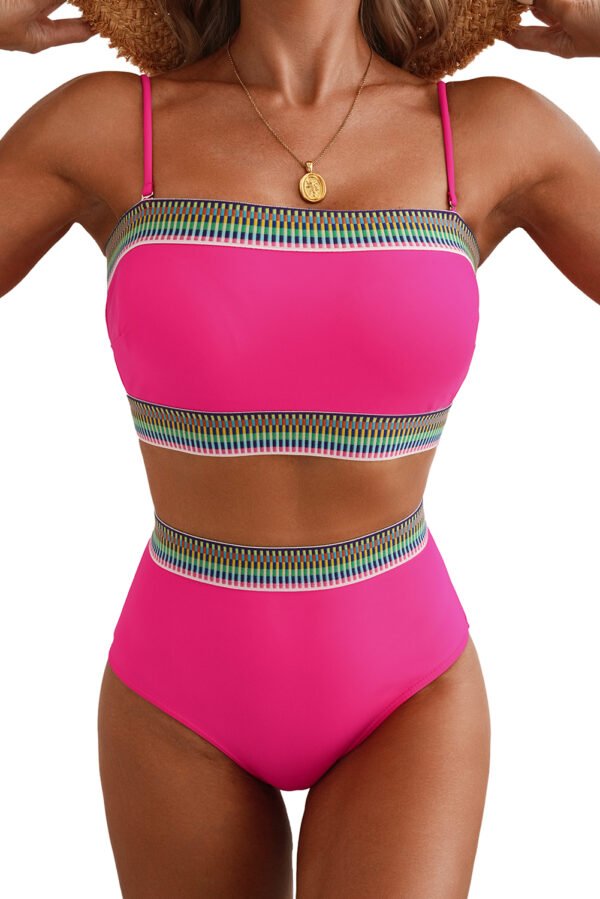 Rose Red Contrast Banding Tube Bikini High Waist 2pcs Swimsuit