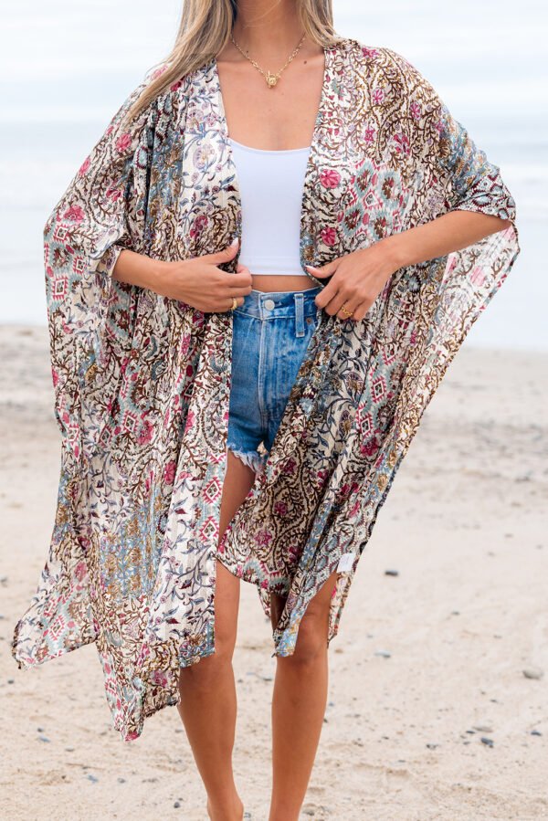 Apricot Floral Print Short Wide Sleeve Open Front Loose Kimono