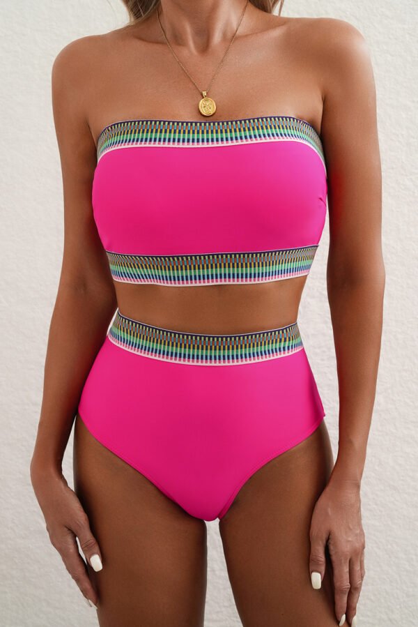 Rose Red Contrast Banding Tube Bikini High Waist 2pcs Swimsuit