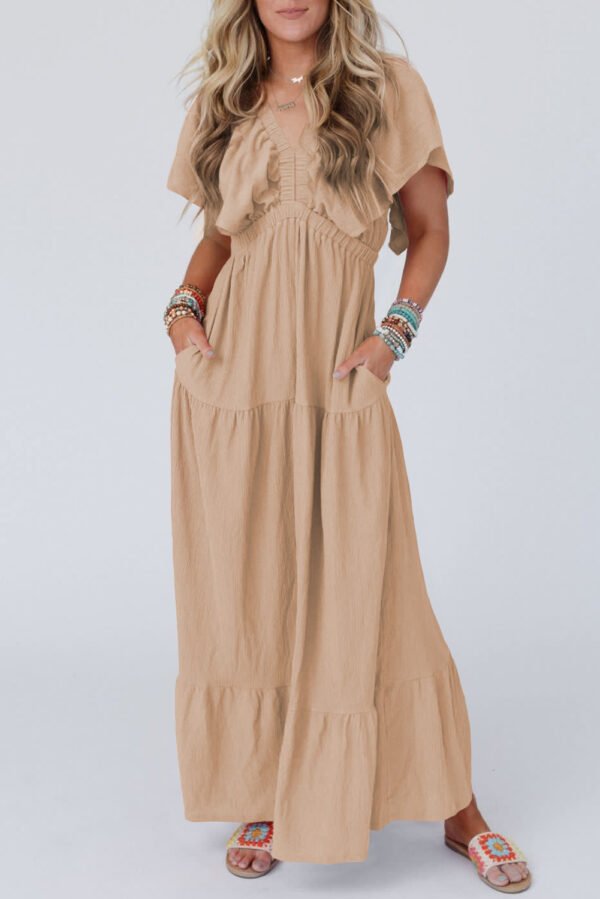 Parchment Textured V Neck Flutter Sleeve Ruffled Maxi Dress